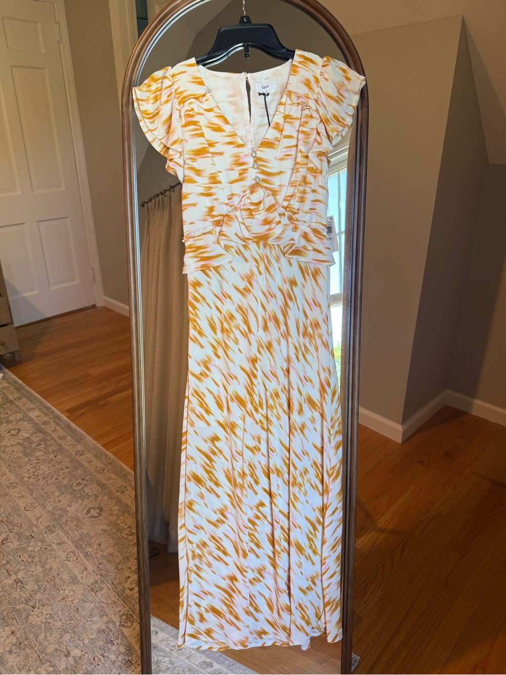 RAHI Flutter Sleeve Midi Dress in White and Orange